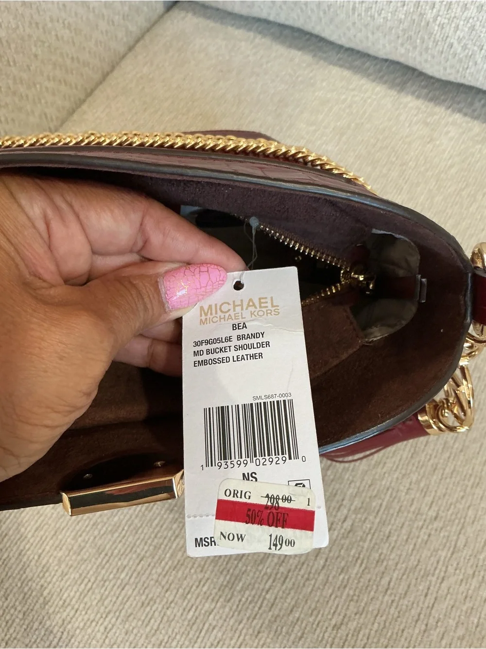 NWT Michael Kors Bea Medium Croc-Embossed Leather Bucket Bag - Burgundy